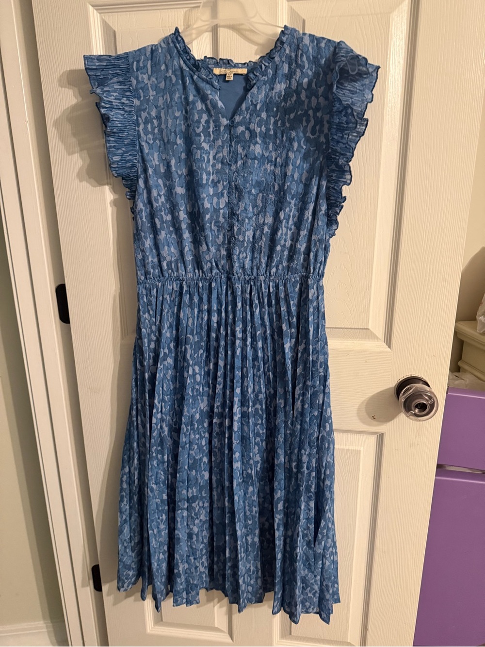 Blue Printed Ruffle-Sleeve Maxi Dress